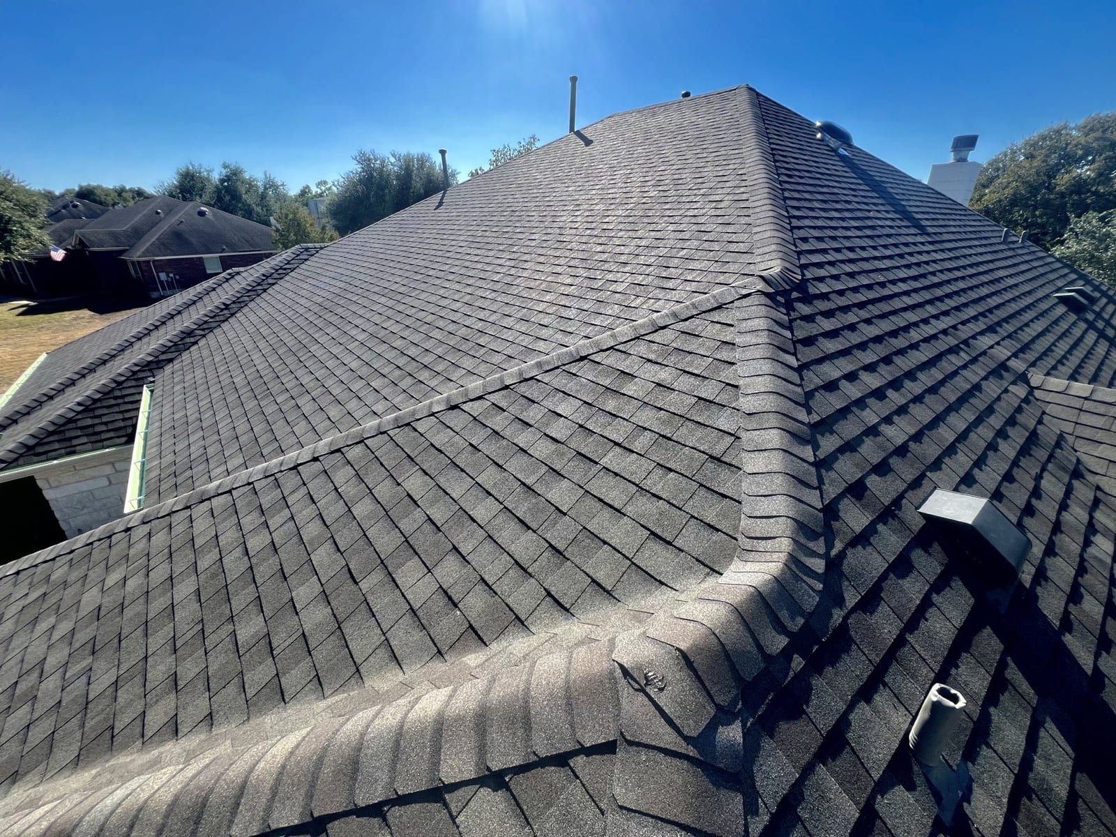 Close-up of asphalt shingles on a Central Texas roof