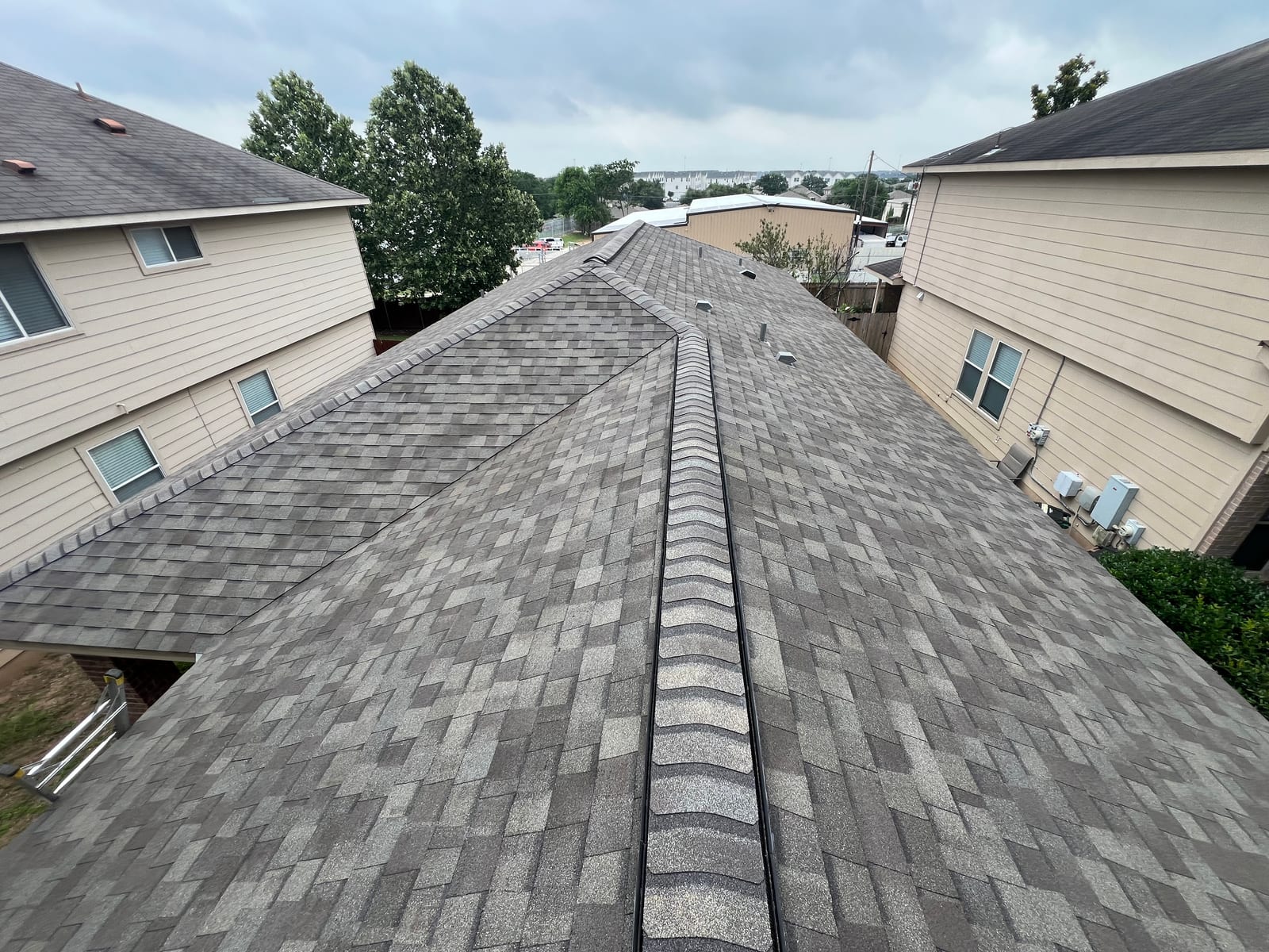 New architectural shingle roof seen down the length of the main ridge